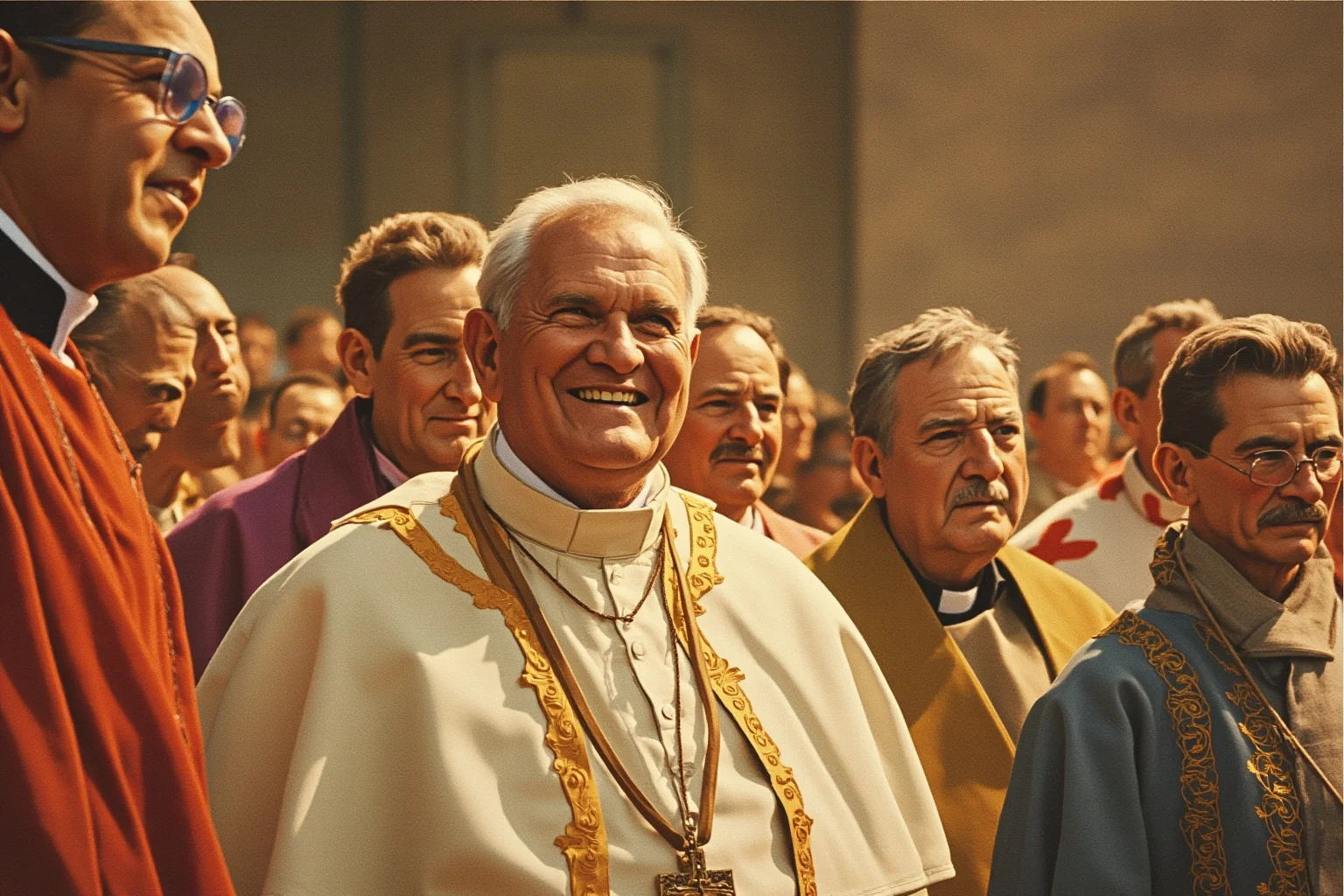 Best and Worst Popes in History: Ranking 20 Who Shaped (or Shook) the Church 17 A warm, illustrated portrait of a mid-20th-century pope smiling among a crowd of bishops at a council hall