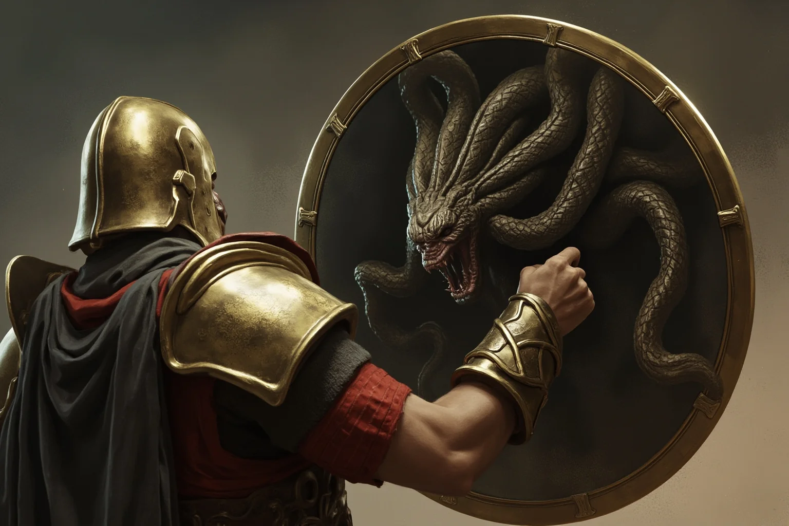 A warrior using a polished bronze shield to view the reflection of a snake-haired monster instead of looking directly at her
