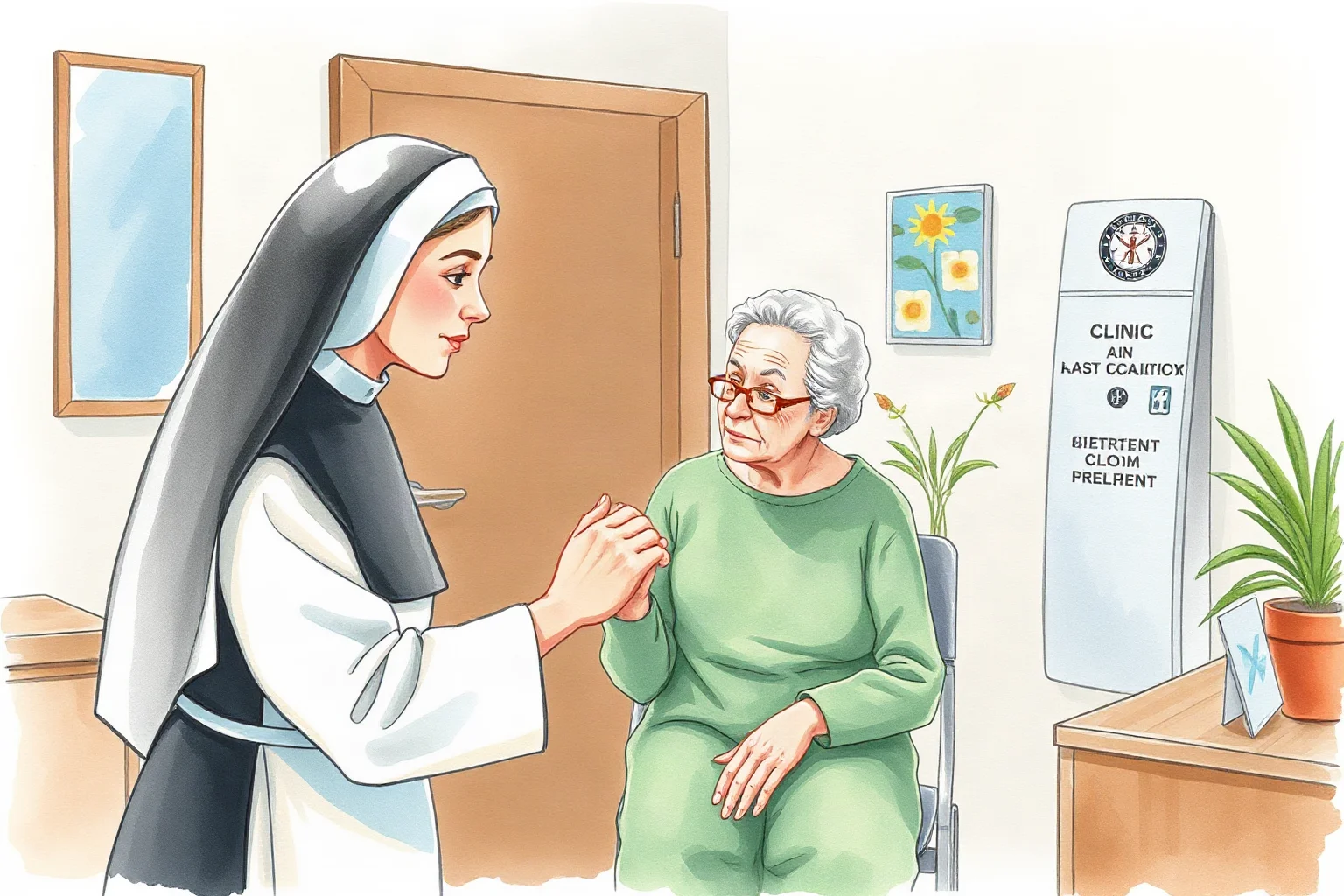 A watercolor-style illustration of a nun in a plain habit gently holding the hand of an elderly patient in a modest clinic room