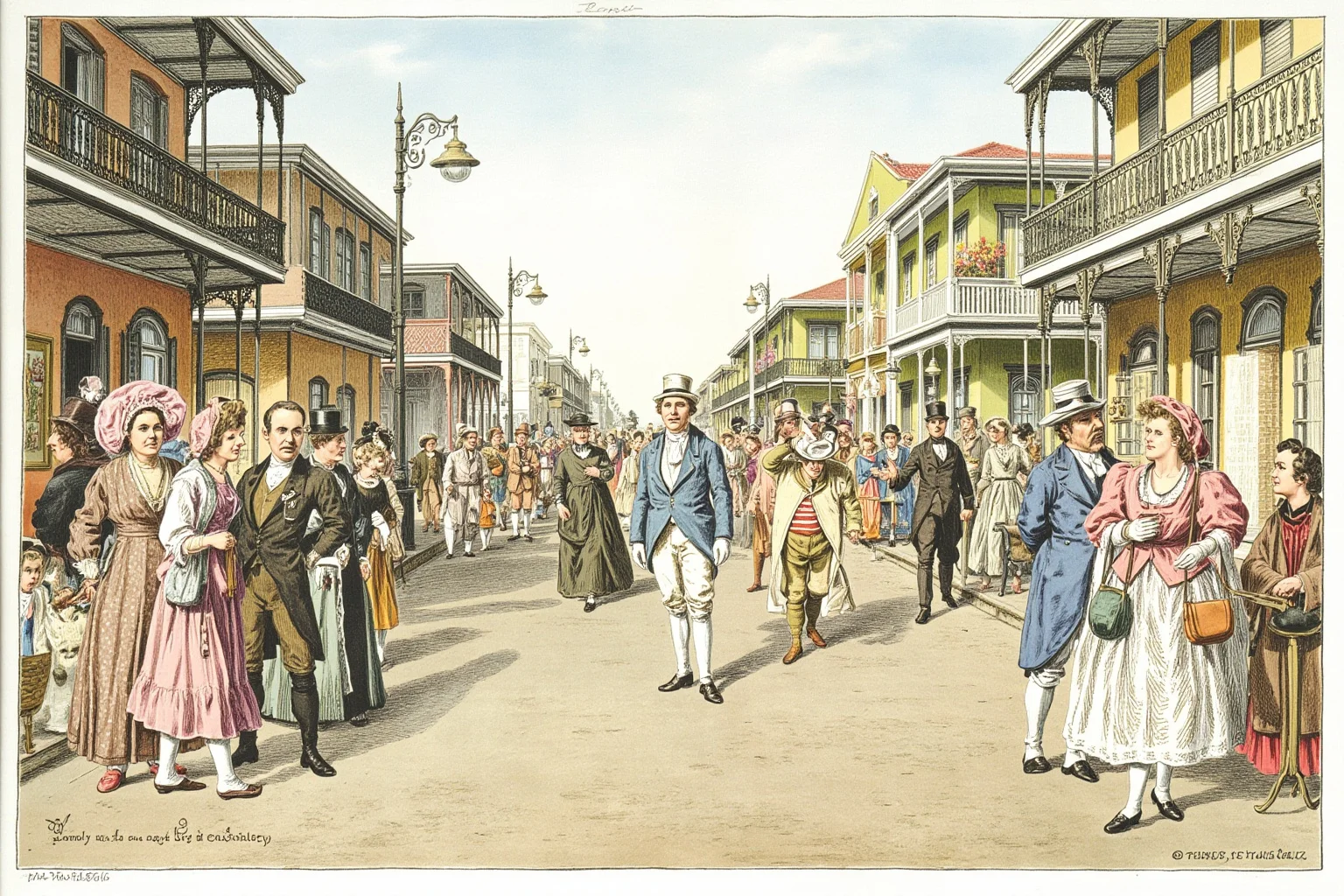 Mardi Gras Krewes: How Parades Turned Into Power And Pop Culture 5 A watercolor-style scene of a 19th-century New Orleans street filled with informal costumed revelers