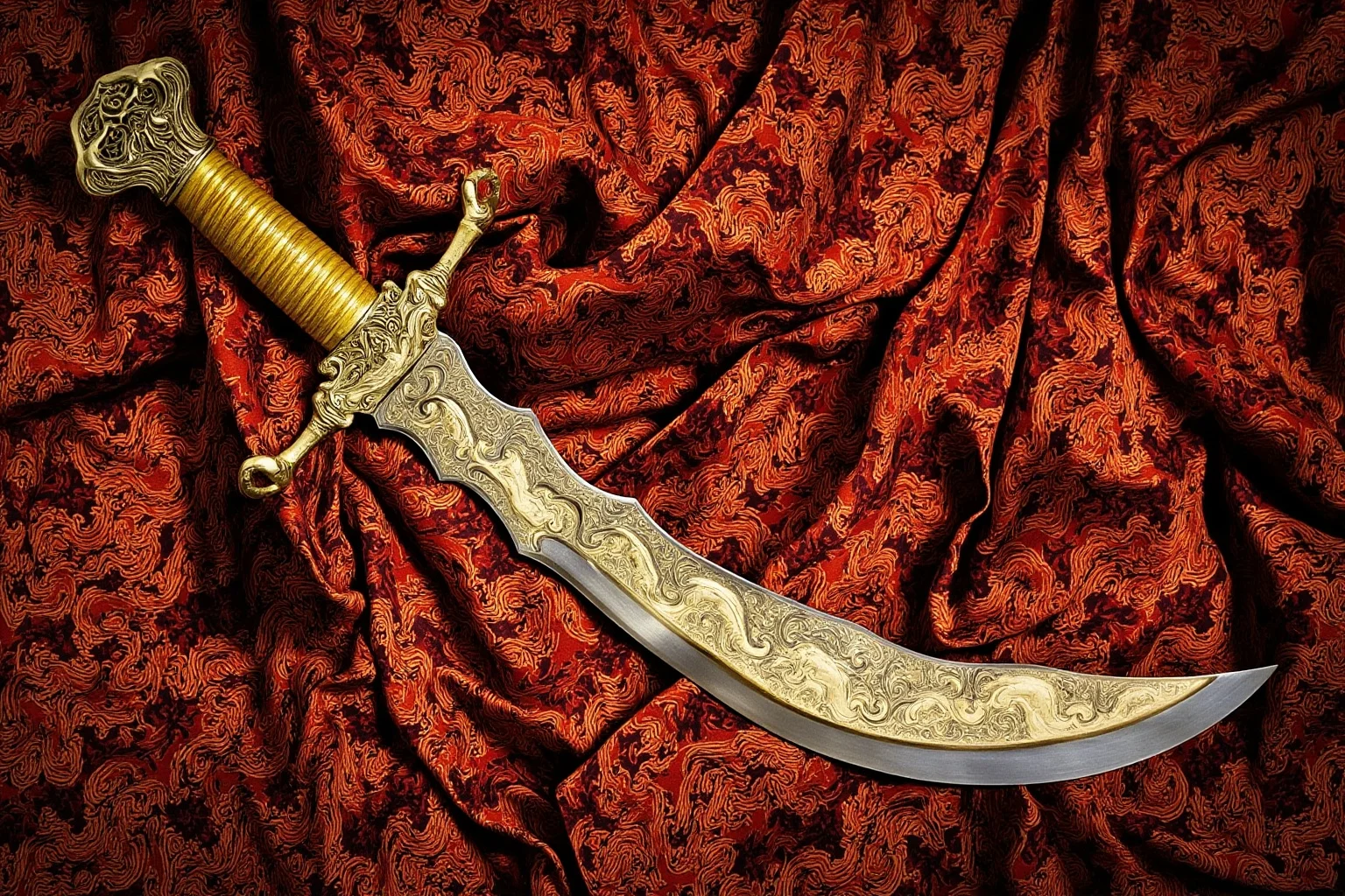 A wavy-bladed ceremonial dagger-sword resting on ornately patterned Southeast Asian fabric