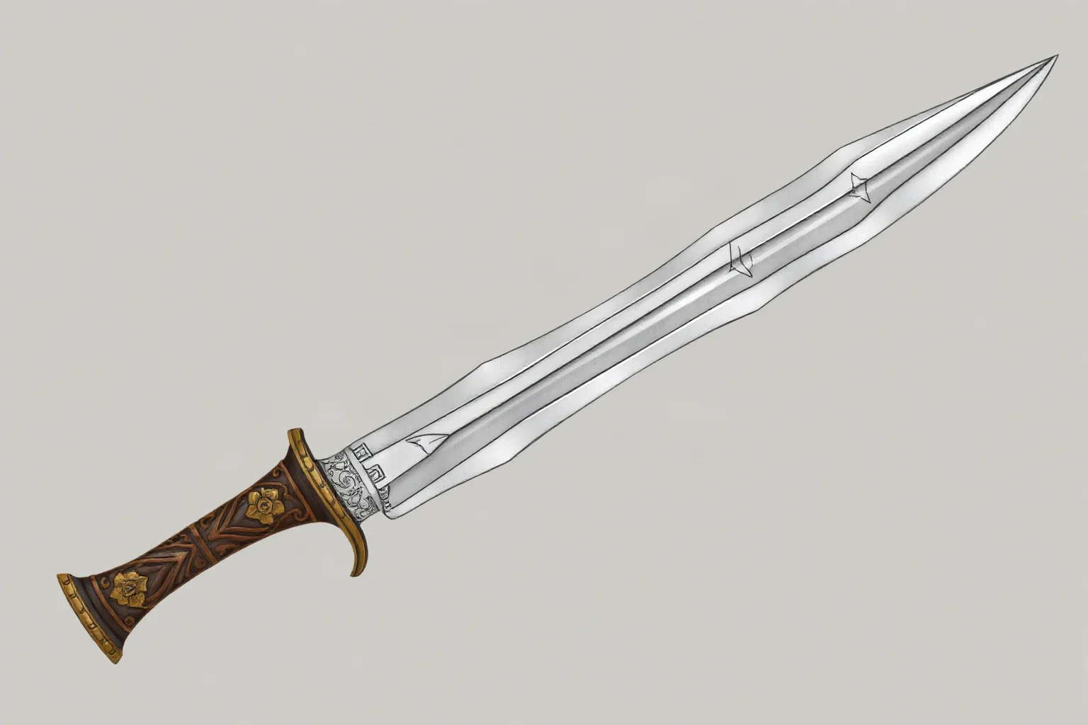 A wavy-bladed Southeast Asian kris dagger with an ornate carved handle, detailed illustration