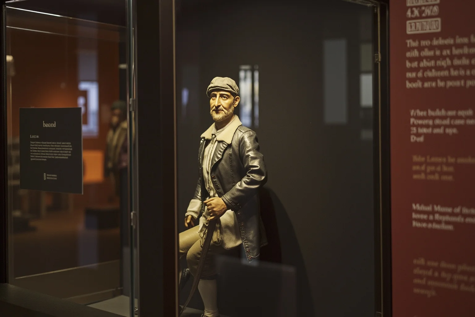 A wax-figure style seated gentleman in period clothing displayed inside a glass museum cabinet