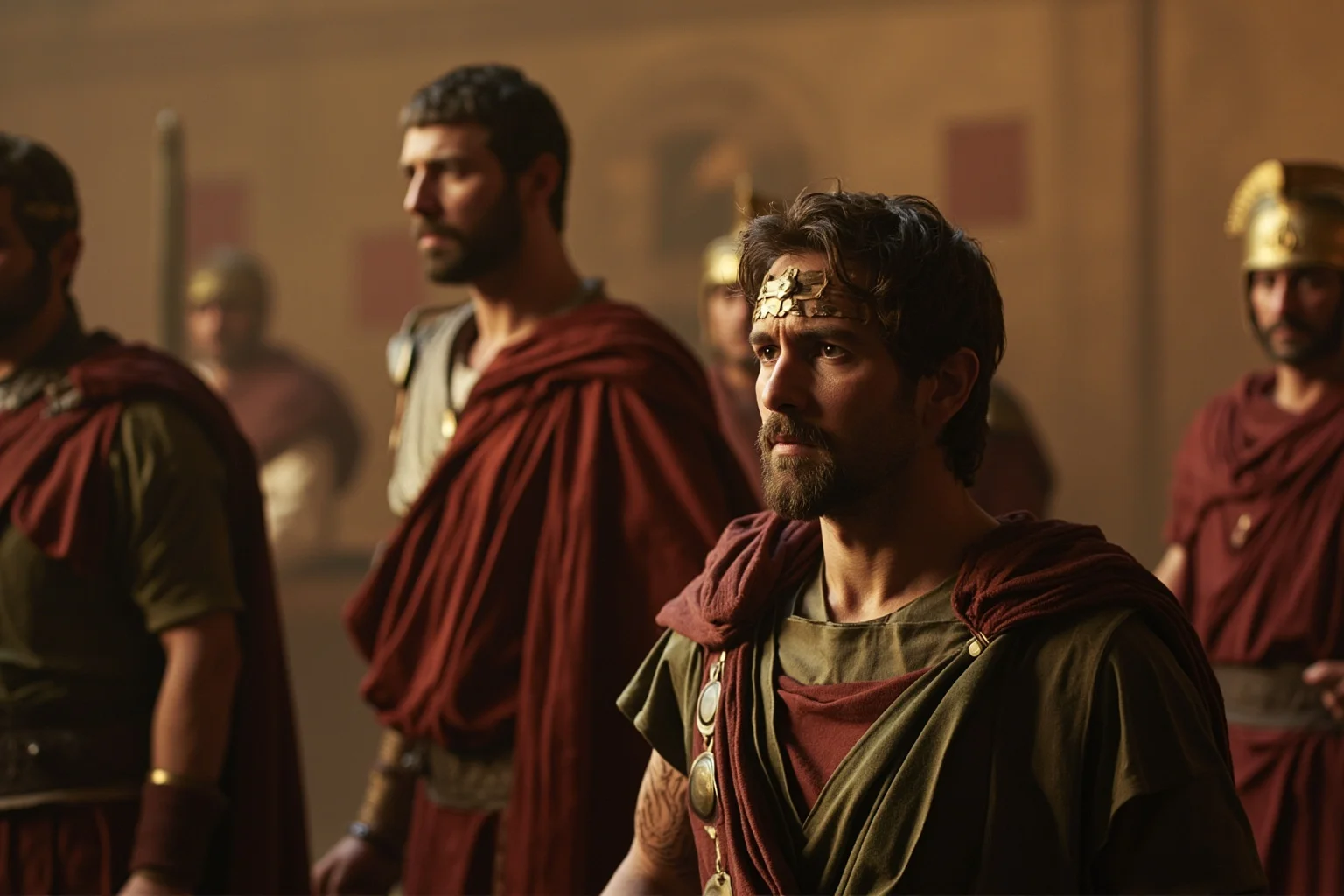 A weak teenage Roman emperor in formal dress, passive and disengaged, watching as capable generals and invaders determine the empire's fate
