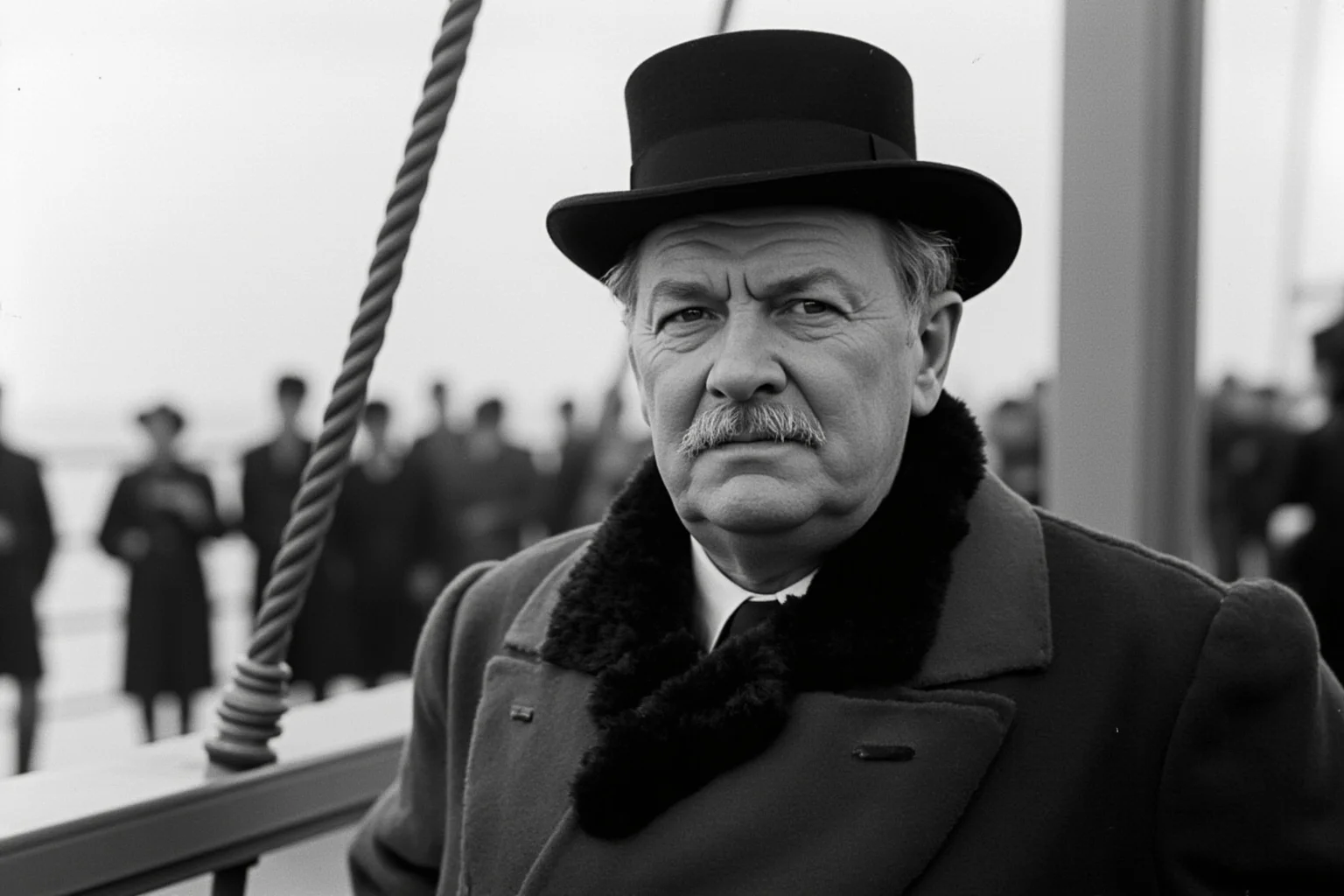 Historical Figures Who Boarded the Titanic — And 10 Who Didn't Survive 14 A wealthy Edwardian gentleman in a fur-collared coat standing proudly on the deck of a luxury ocean liner