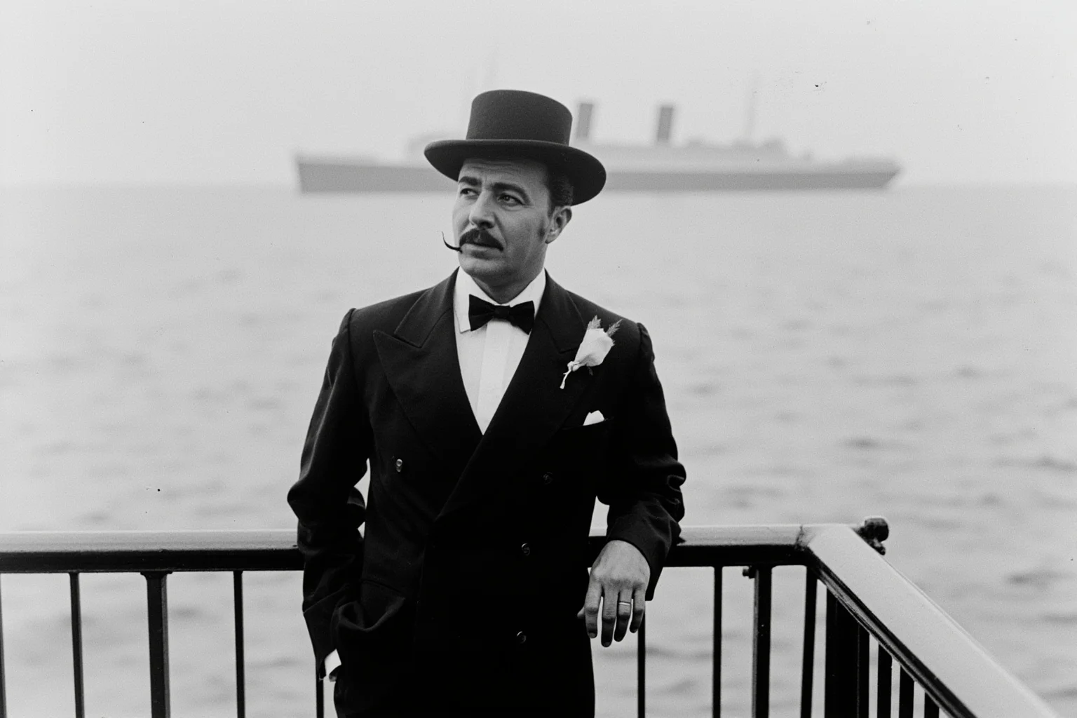 Historical Figures Who Boarded the Titanic — And 10 Who Didn't Survive 17 A wealthy Edwardian gentleman in a tailored tuxedo and bow tie standing calmly near an ocean liner railing
