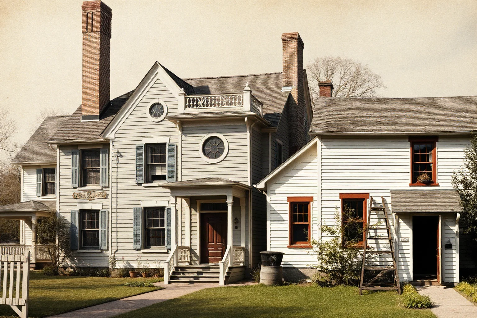 A wealthy factory owner's mansion contrasted with a poor worker's small house