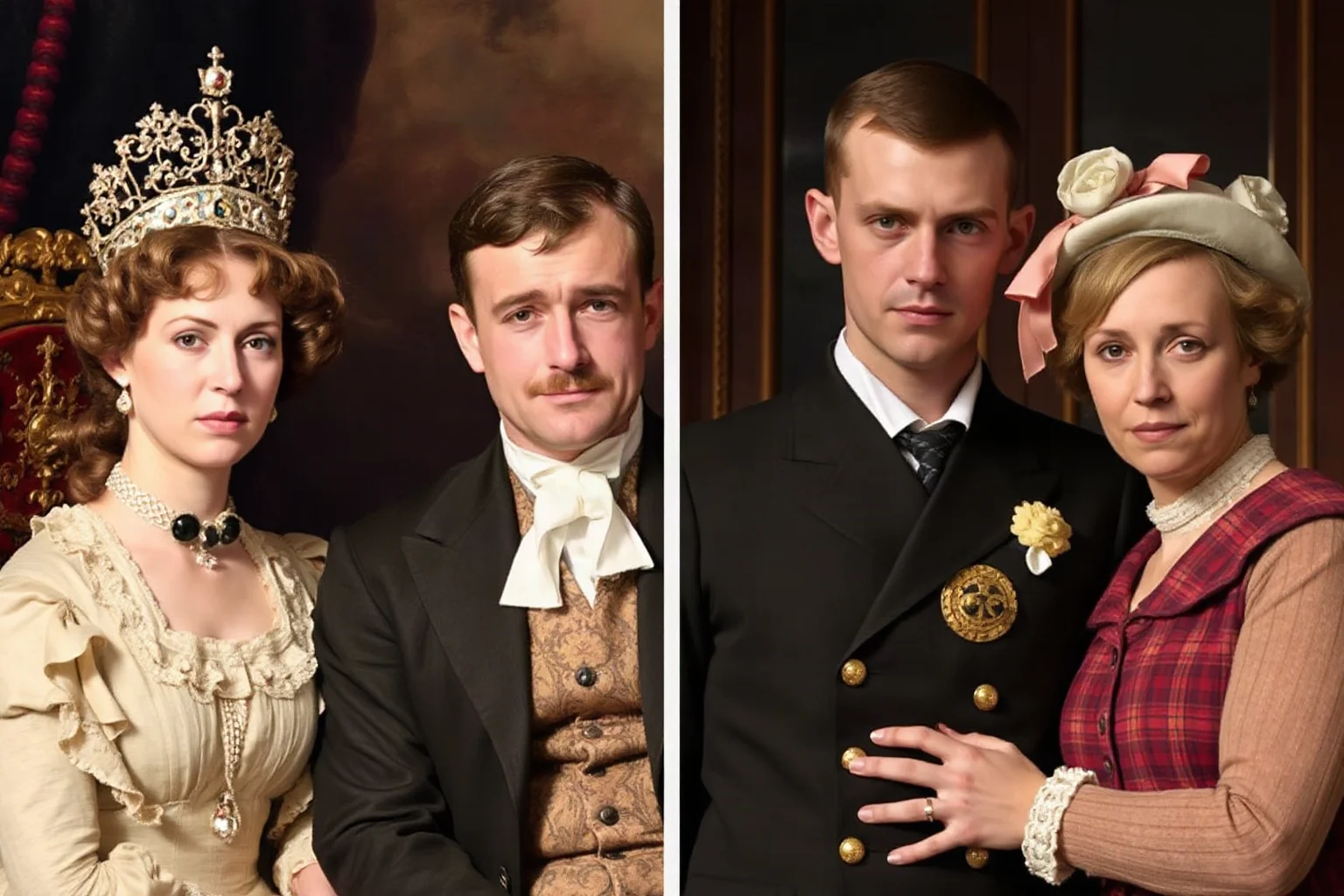 A wealthy Victorian family and a modest working-class couple shown in contrasting social settings