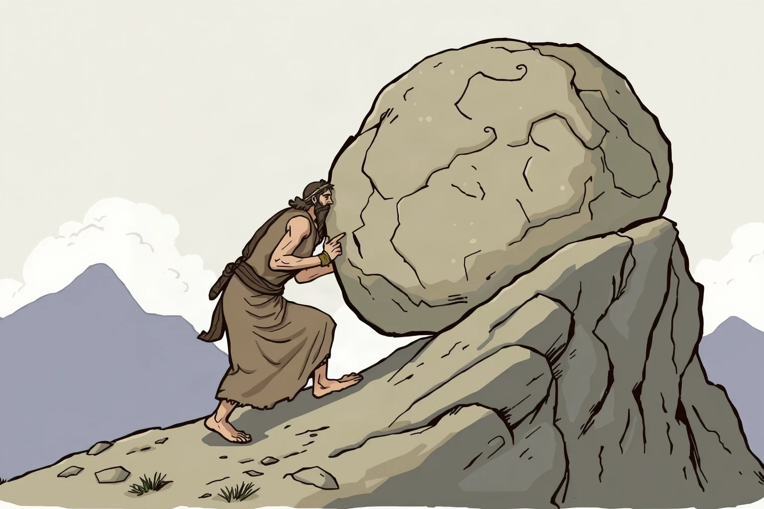 A weary ancient figure pushing a massive boulder up a steep rocky hill, symbolic classical illustration style