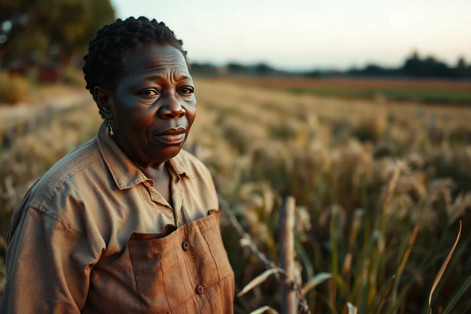 A weary but resolute Black woman in modest clothing standing in a rural Southern field at dusk