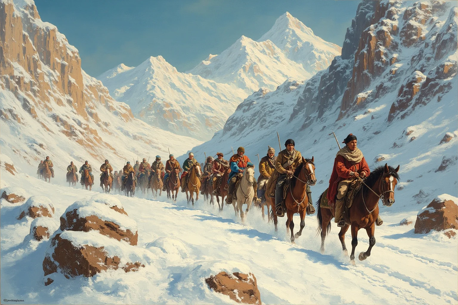 22 Inspiring Stories From Native American History 10 A weary group of Native American families and horses crossing a snowy mountain pass