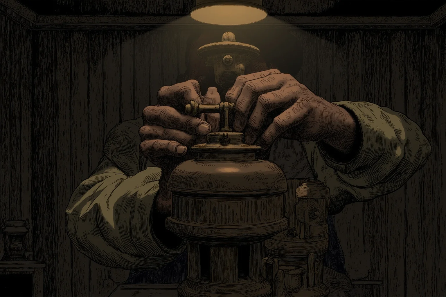 Strange History: Why Lighthouse Keepers Went Mad (Or Did They?) 4 A weary lighthouse keeper's hands trembling while adjusting brass equipment in a dim lantern room, historical illustration style