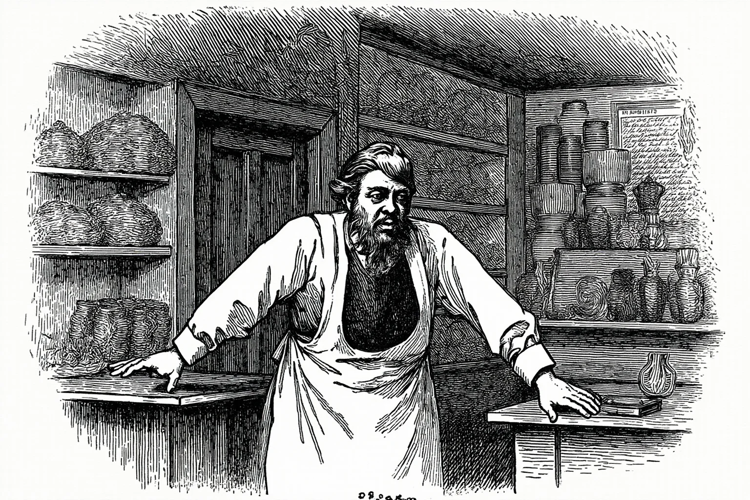 Great Leaders Who Rose From Obscurity 14 A weary man in a general store apron behind a counter, mid-1800s American setting, illustration style