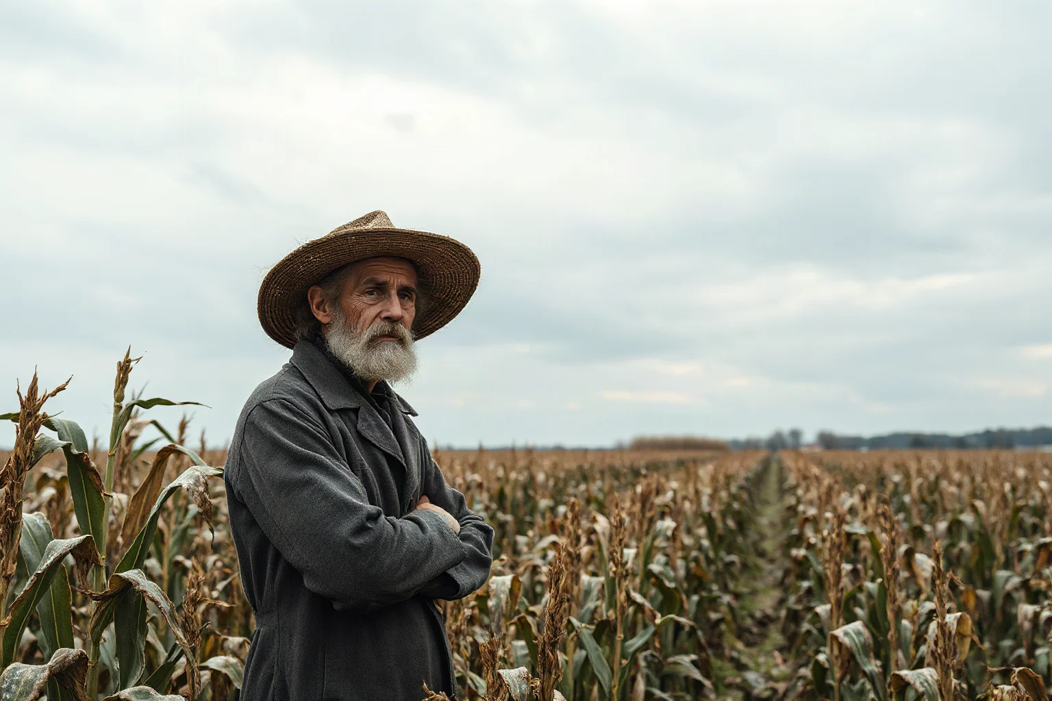 A weathered 1810s farmer standing in a frost-damaged cornfield under a gray summer sky, historical rural illustration