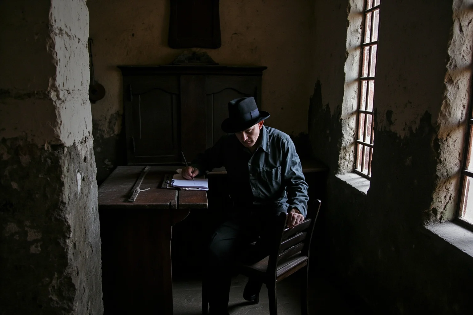 A weathered 1860s prisoner writing at a small desk inside a stone island fortress cell
