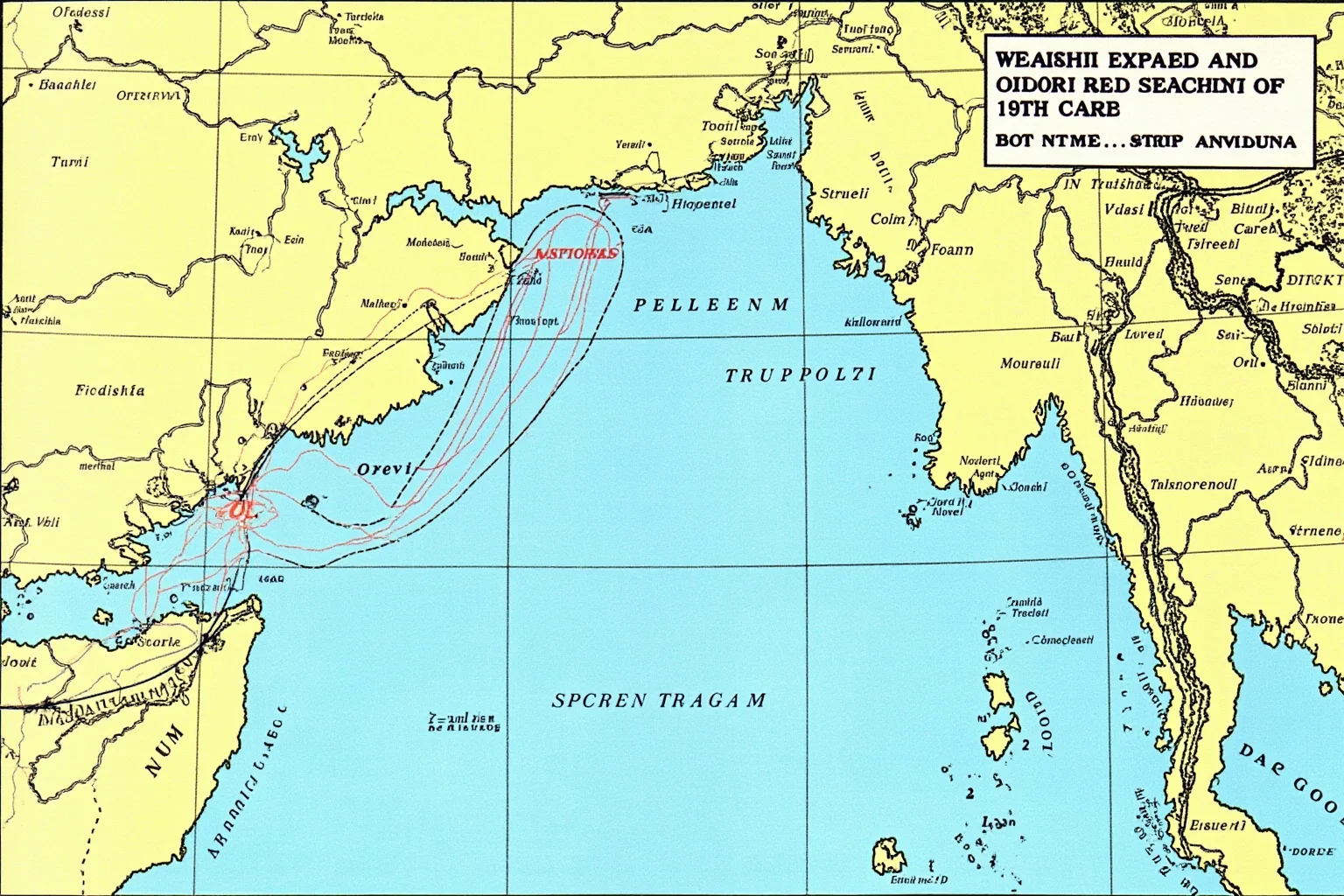 A weathered 1970s-style map illustration showing a storm track moving north through the Bay of Bengal toward a river delta