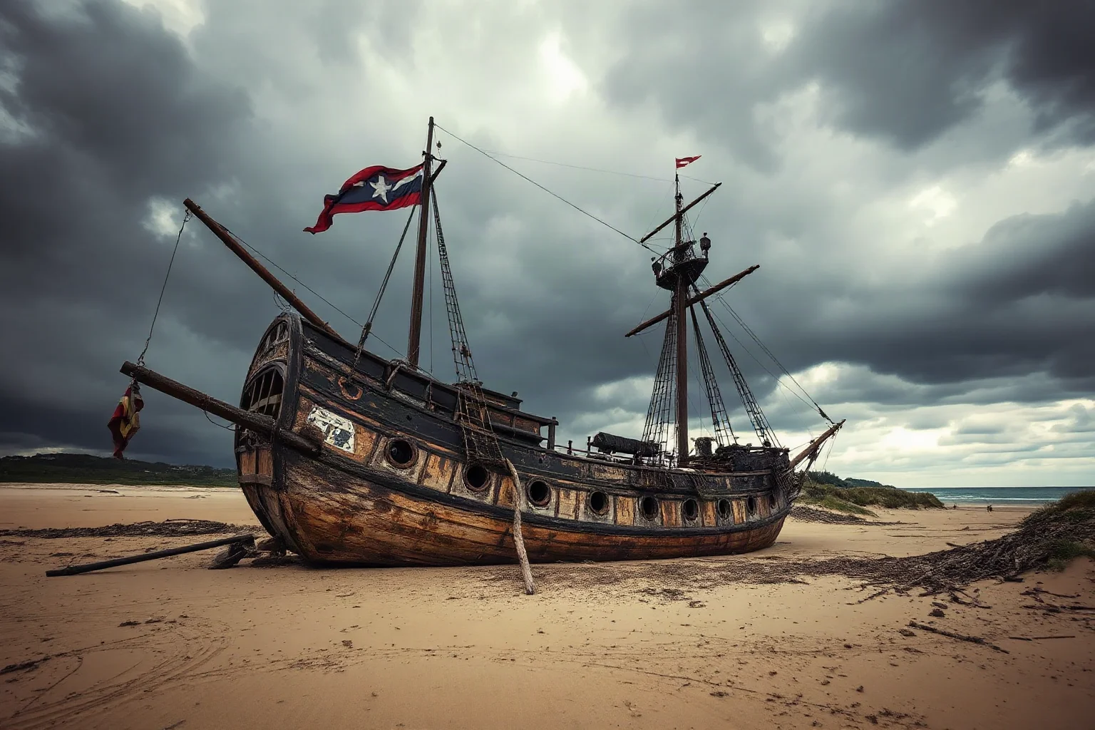A weathered 19th-century French naval frigate listing and breaking apart on a sandbank under a stormy sky
