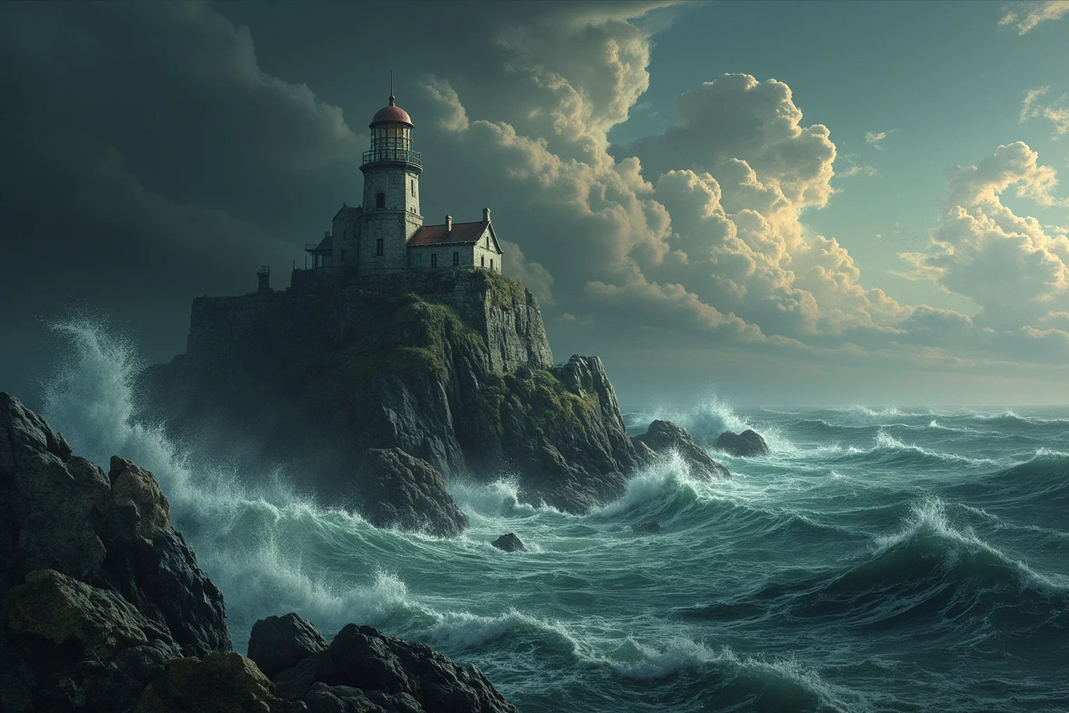 Strange History: Why Lighthouse Keepers Went Mad (Or Did They?) 9 A weathered 19th-century offshore rock lighthouse tower during a violent storm, dramatic historical illustration