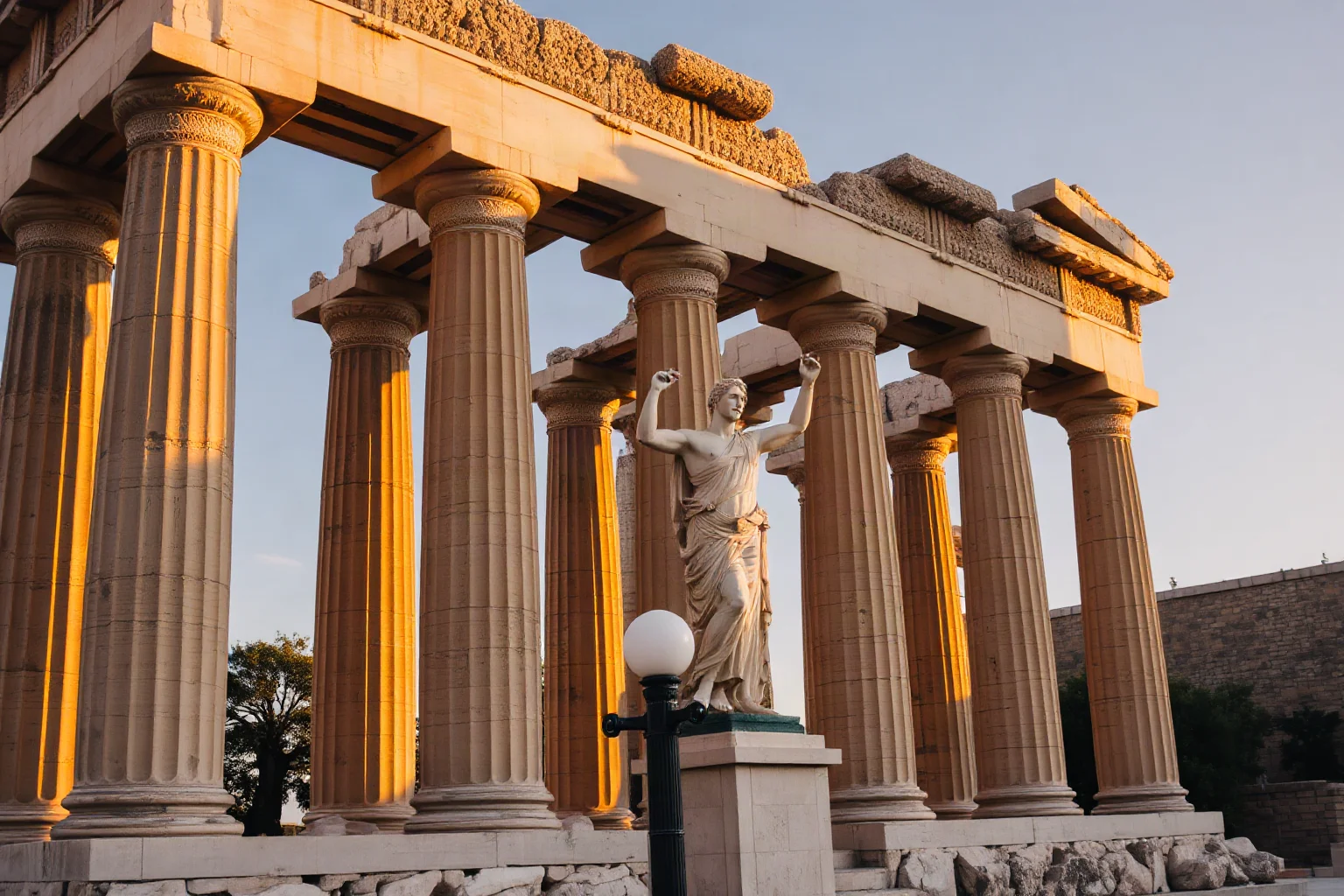 A weathered Ancient Greek temple with columns and a statue evoking Zeus or Athena at golden hour