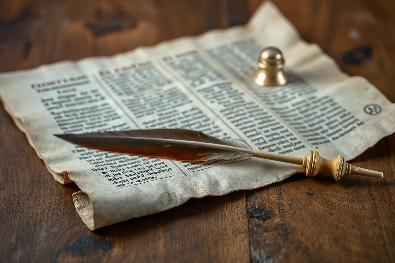 A weathered ancient scroll and quill on a wooden table with faint Greek lettering, symbolic of etymology and word origins