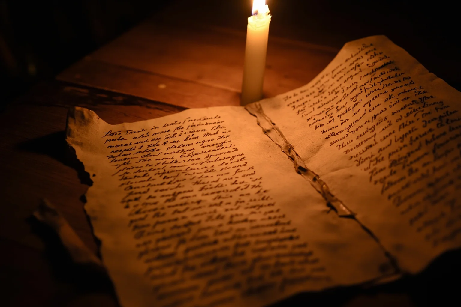 A weathered antique legal document from Elizabethan England with ornate handwriting, candlelight illuminating the parchment