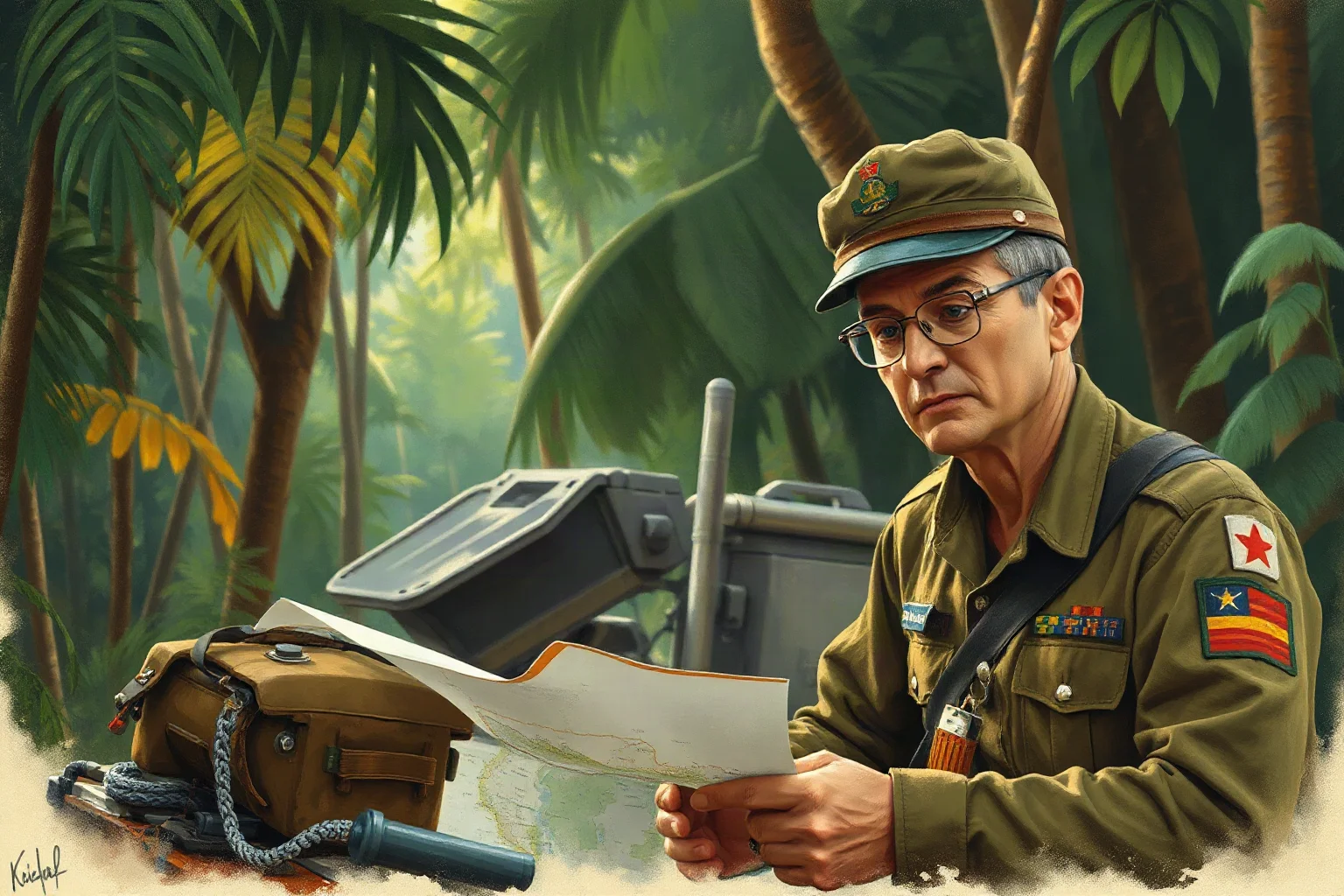 A weathered Army colonel in jungle fatigues reviewing a map at a Vietnam-era firebase, illustrative painting style, dense jungle backdrop
