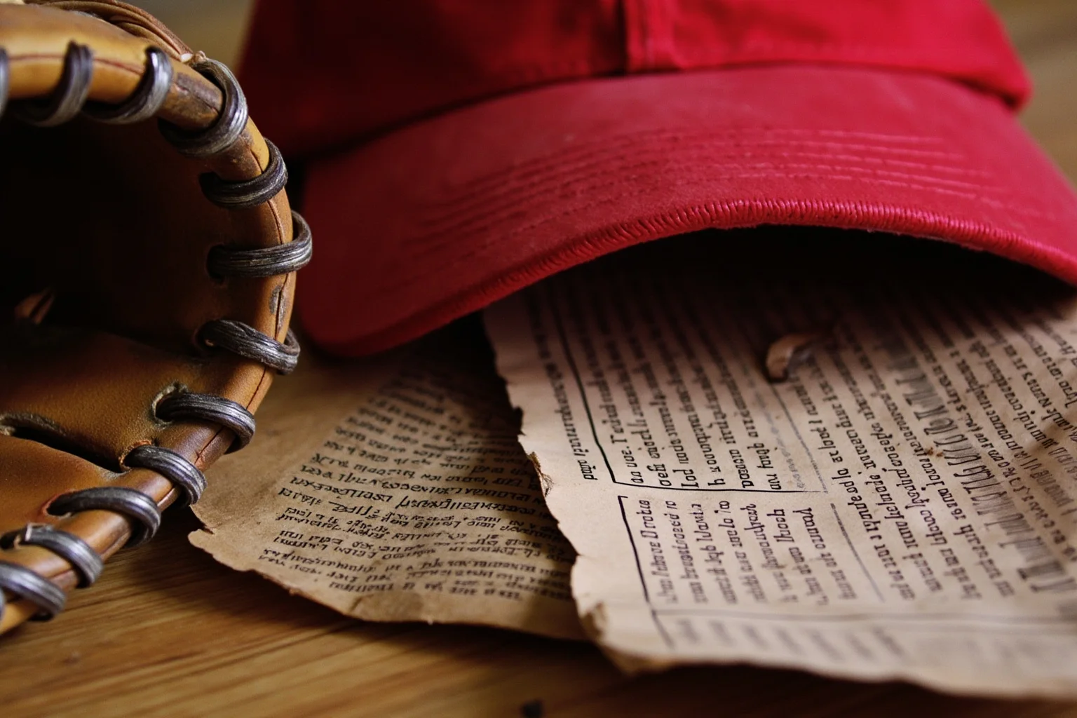Longest Championship Droughts In Sport History 3 A weathered baseball glove and an old 1918-dated newspaper fragment beside a red baseball cap, symbolic still life, no logos