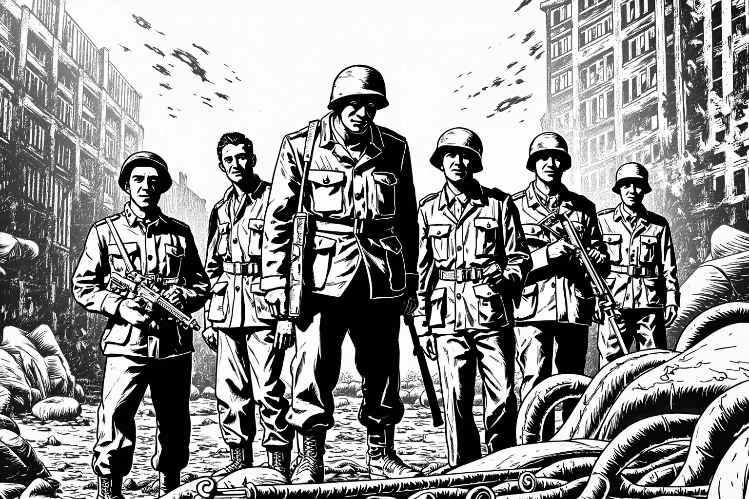The Worst Events in Human History: 22 of the Darkest Chapters Ever Recorded 3 A weathered black-and-white style illustration of soldiers in WWII-era uniforms standing in a bombed-out cityscape