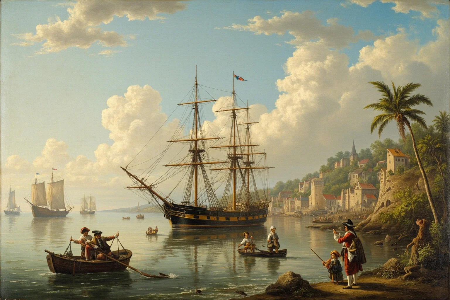 A weathered Caribbean harbor scene with sailing ships, representing an 18th-century island birthplace