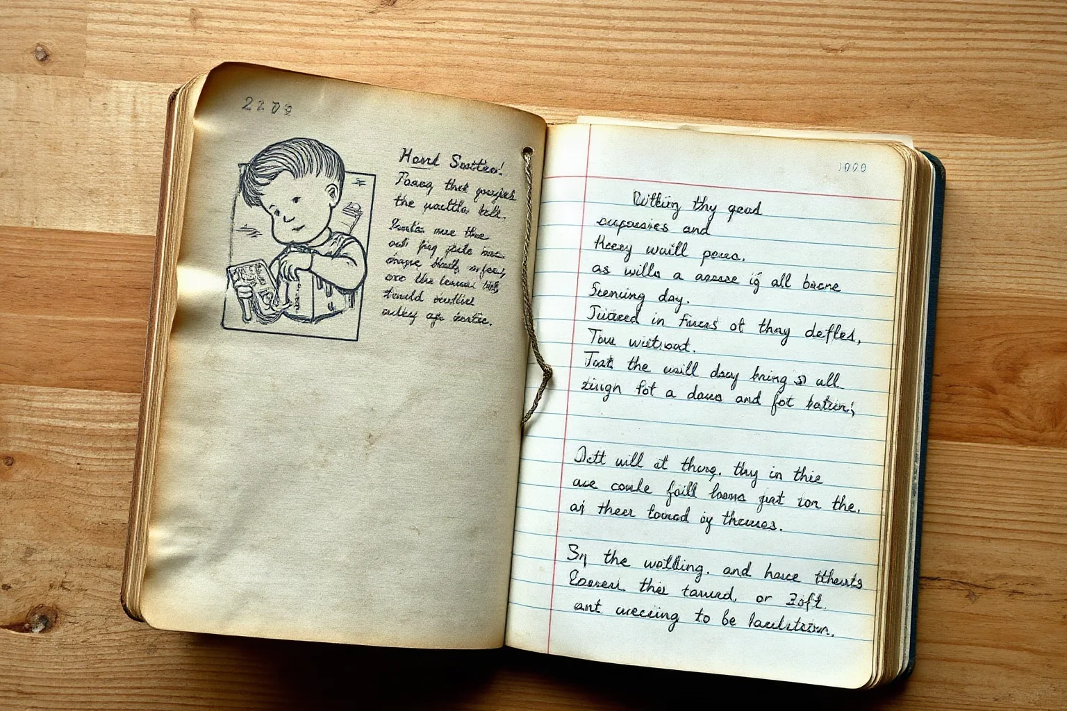 A weathered child's handwritten notebook lying open on a wooden table, illustrating a wartime diary
