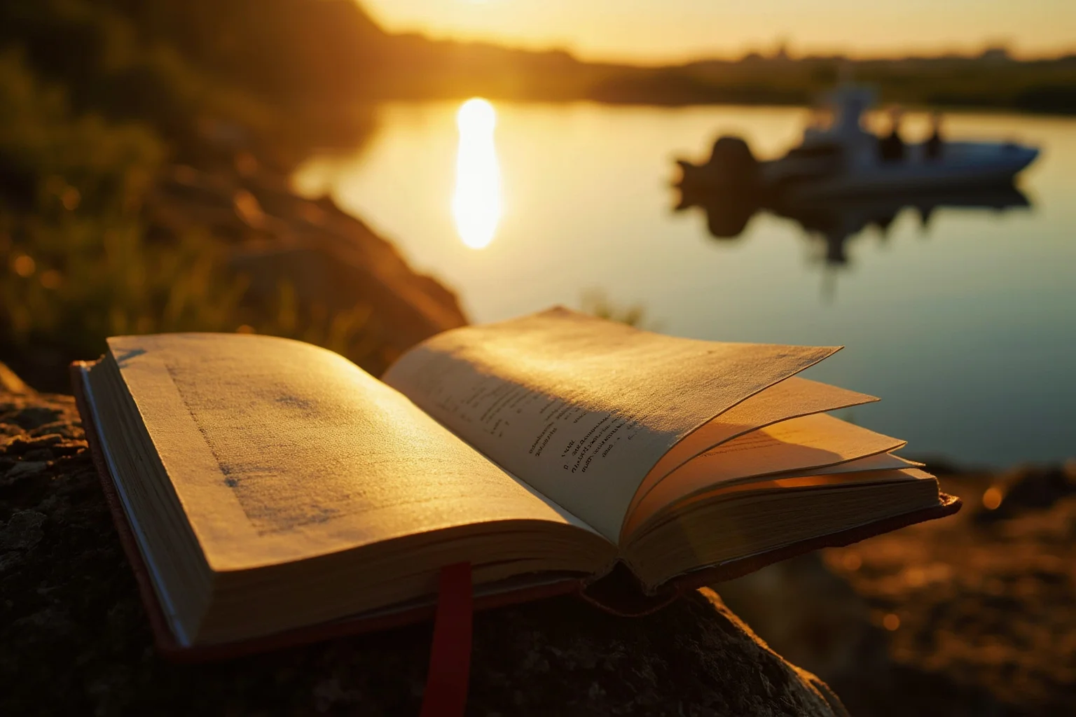 A weathered classic novel lying on a riverbank at golden hour, illustrative style