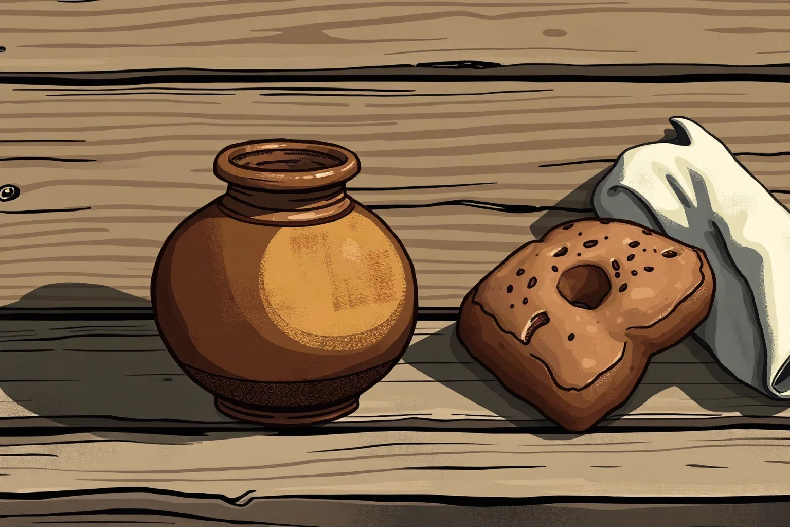 A weathered clay jar and piece of moldy bread on a wooden table, ancient Egyptian medical setting, illustrative style