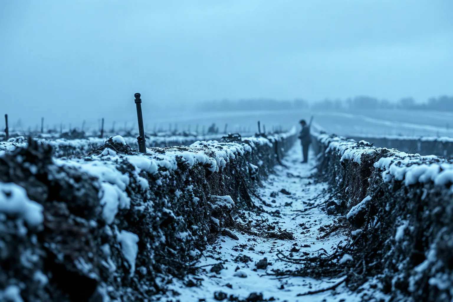 A weathered Eastern Front winter battlefield scene with snow-covered trenches and distant silhouettes of soldiers