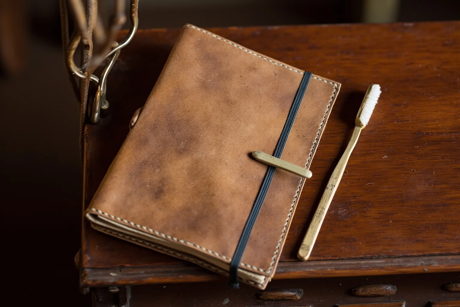 The Woman Who Survived Three Shipwrecks: The Real Story of Violet Jessop 3 A weathered leather memoir journal and an antique toothbrush resting on a ship's wooden table, symbolizing personal survival stories from a historic maritime disaster