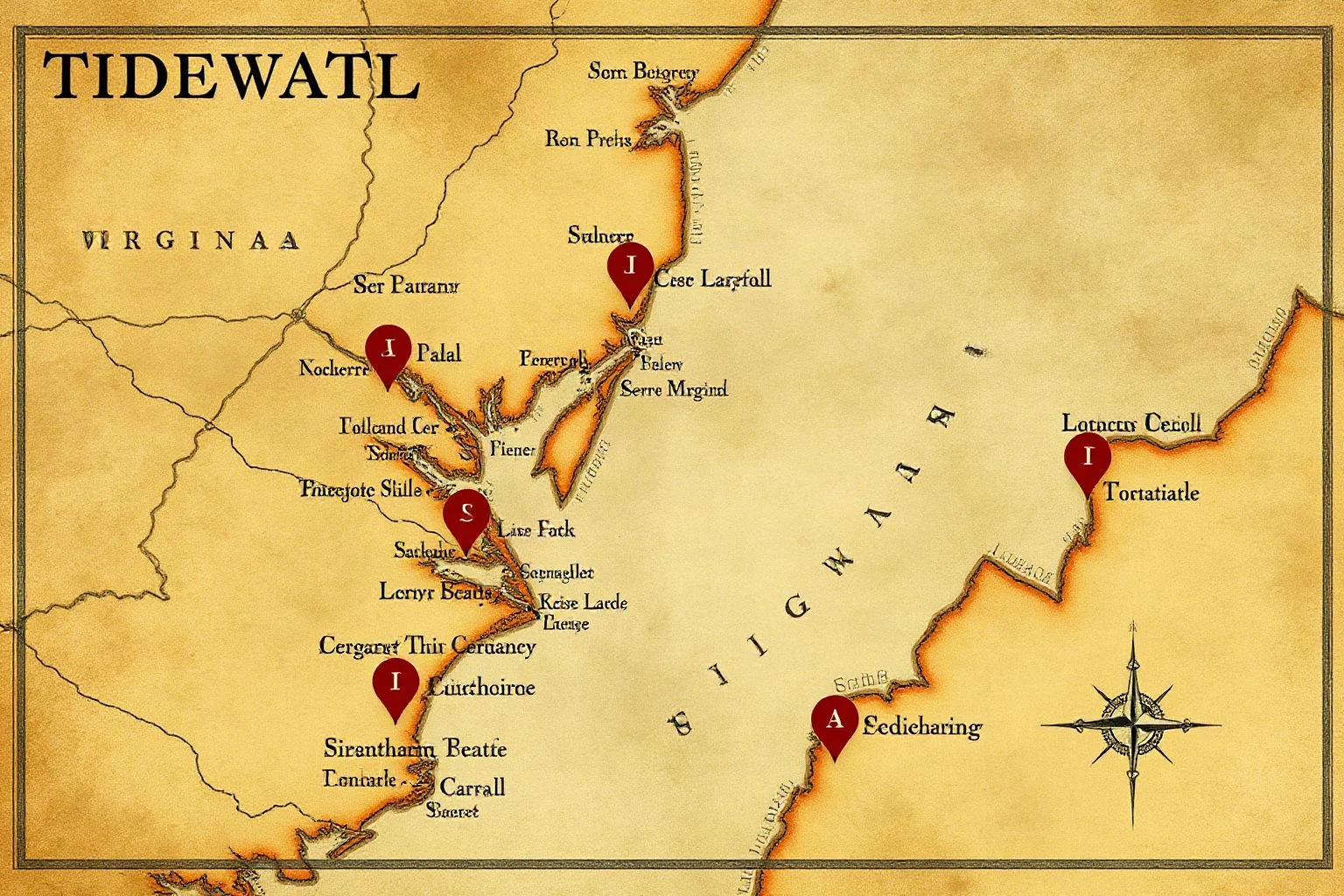 A weathered old map of colonial Tidewater Virginia with Indigenous village markers, historical illustration style