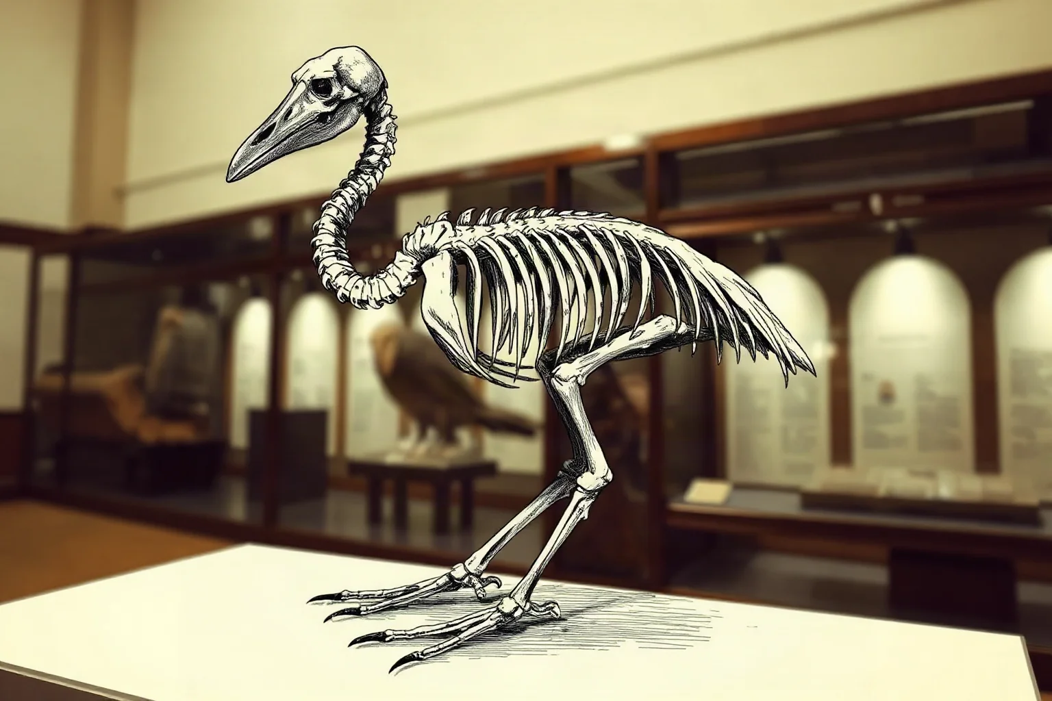 A weathered old naturalist's sketch or engraving style illustration of a dodo skeleton displayed in a museum setting.