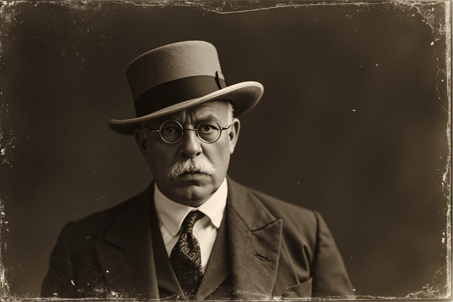 A weathered old photograph of an English country estate gentleman in early 1900s attire
