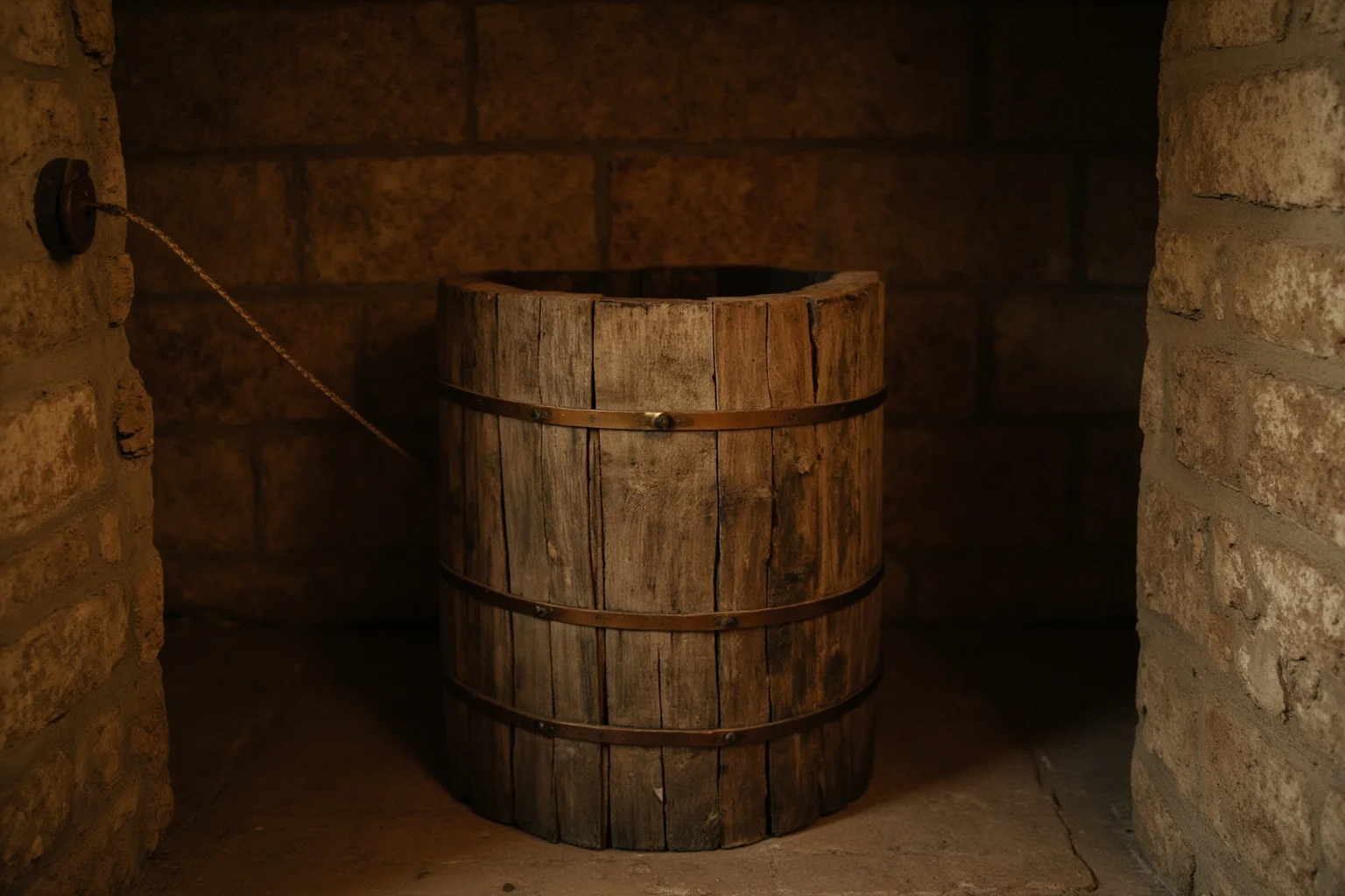 A weathered old wooden well-bucket bound with iron rings, displayed inside a stone medieval bell tower interior, warm ambient light, historical museum atmosphere