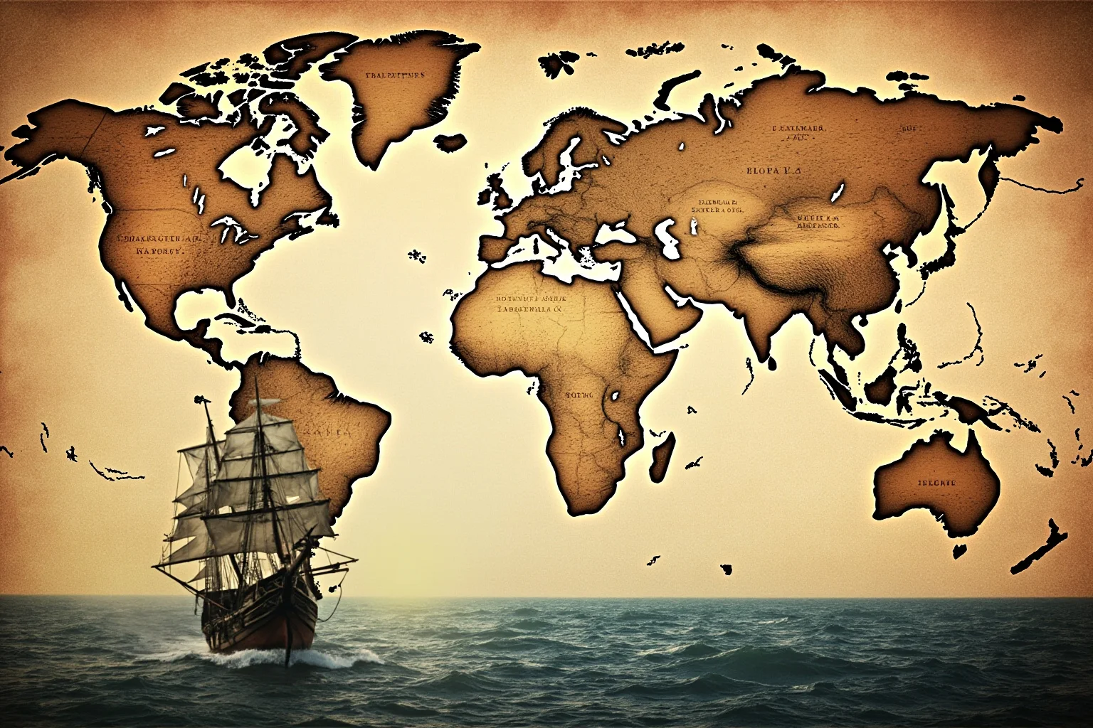 A weathered old world map and a wooden sailing ship on the ocean, evoking the Age of Exploration and classical navigation