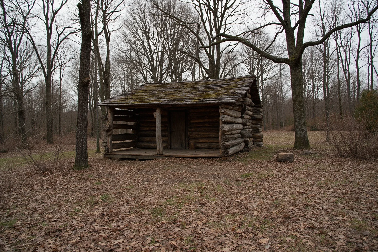 A weathered one-room log cabin in a 19th-century American forest clearing, symbolizing a humble childhood home