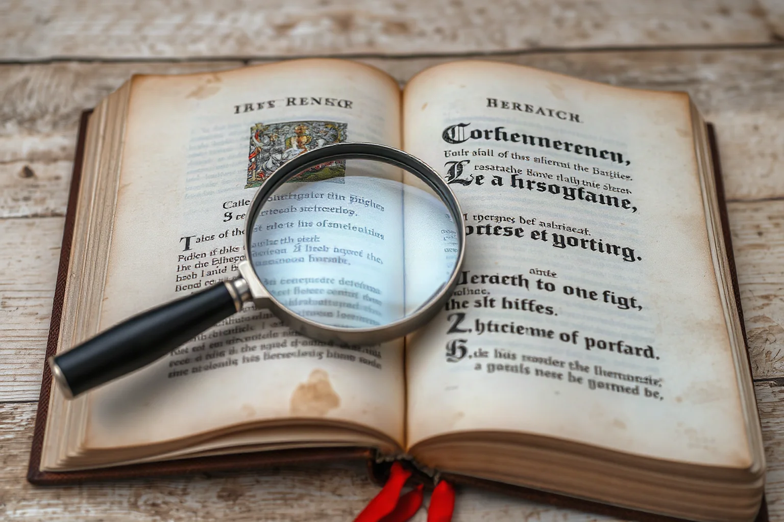 A weathered open book with illustrated medieval script, magnifying glass resting on the page, symbolizing historical research