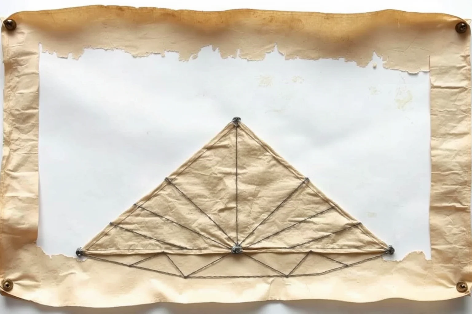 A weathered parchment diagram of a pyramid-shaped fabric parachute frame