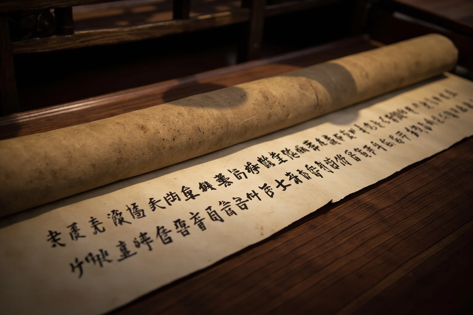 A weathered pirate code scroll with Chinese calligraphy resting on a wooden ship's table