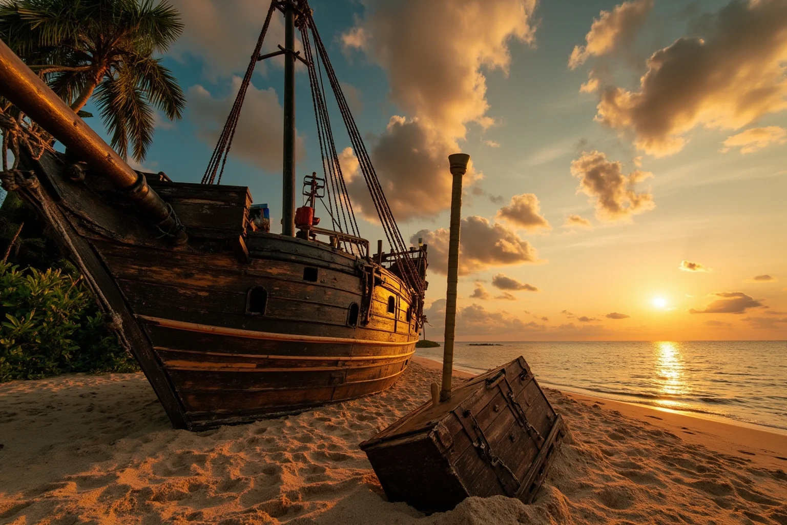 Missing Legendary Treasures That Are Yet to Be Found 7 A weathered pirate ship anchored near a tropical shoreline at sunset, with a shovel and old chest half-buried in sand