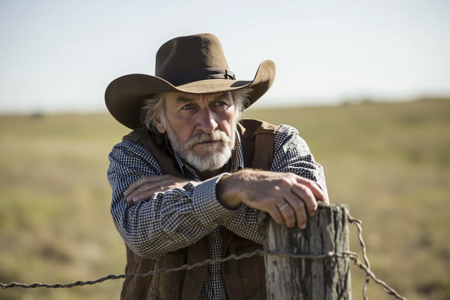 Hilarious Slang Terms From The Wild West 5 A weathered rancher leaning on a fence post, thoughtful expression, open prairie landscape behind him