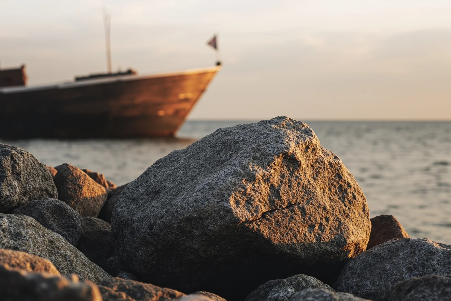 A weathered rock on a New England shoreline beside an old wooden ship in soft morning light