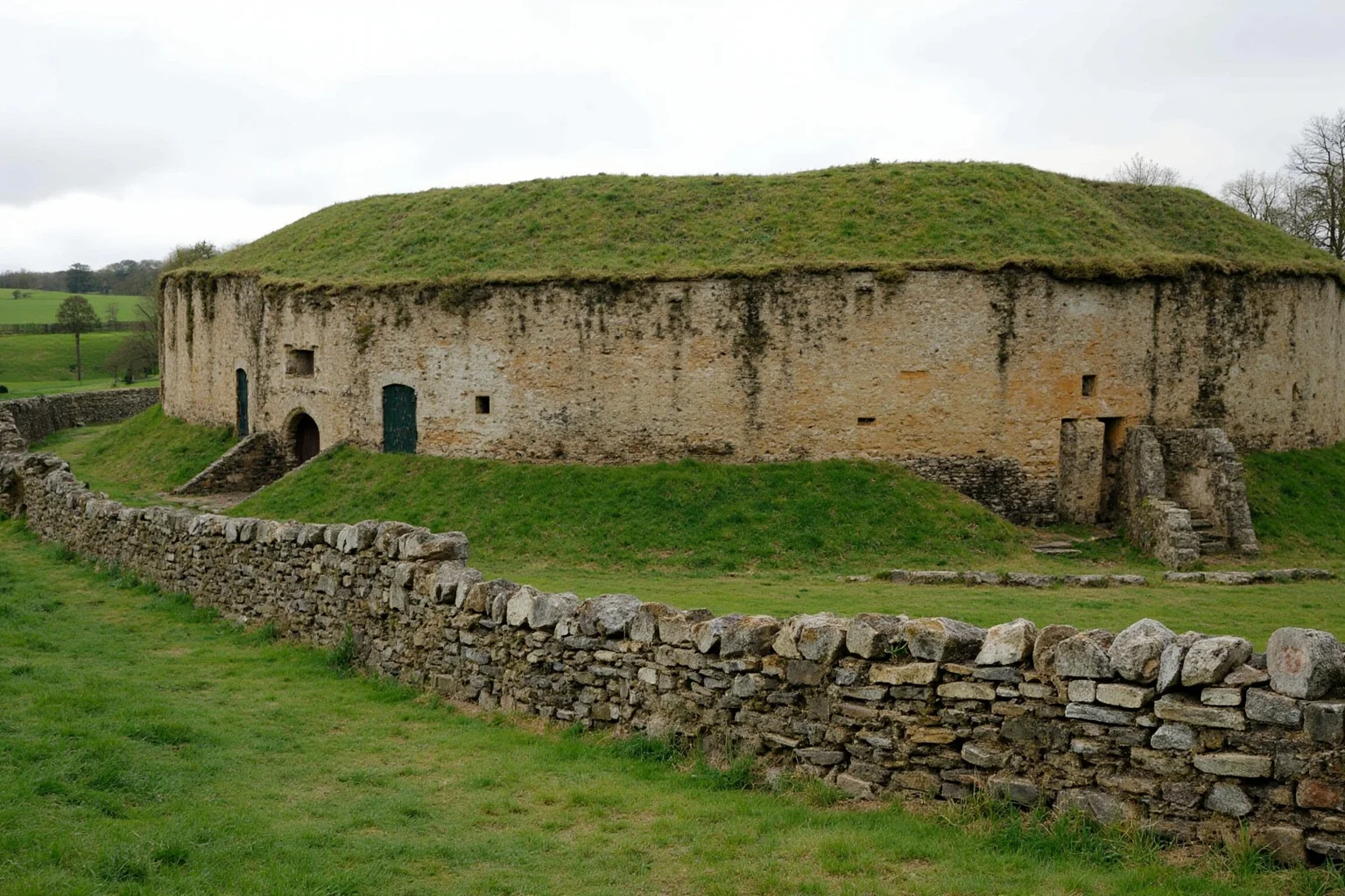 A weathered Roman fort along a stone wall in a green English countryside landscape