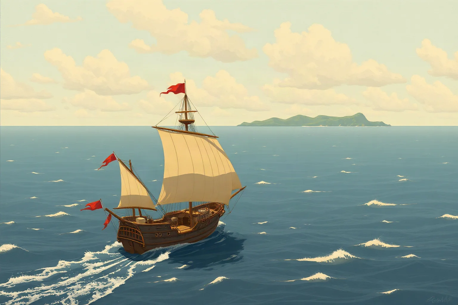 A weathered sailing fleet crossing a vast open ocean toward a distant island chain, illustrated historical style