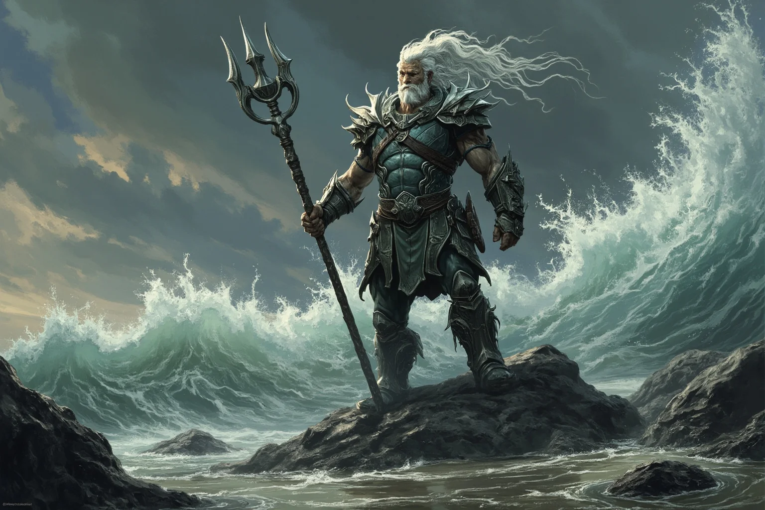 From Thor to Loki: 20 Gods, Goddesses, and Heroes of Norse Mythology 11 A weathered sea god standing on a rocky shoreline holding a trident-like staff, waves crashing behind him, atmospheric illustration