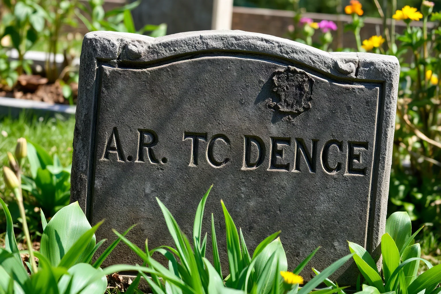 A weathered stone grave marker in a quiet garden setting with carved but unreadable text, respectful historical illustration